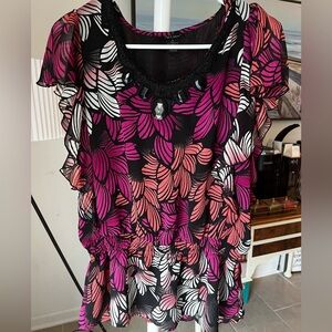 Black & Pink Printed Top with Beaded neckline Size M